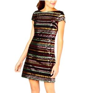 Vince Camuto Multicolor Sequin Striped Dress Size 8 Cap Sleeves Cocktail Party